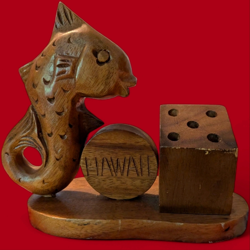 Vintage Hawaii Wooden Fish‎ Pencil Holder Desk Organizer
